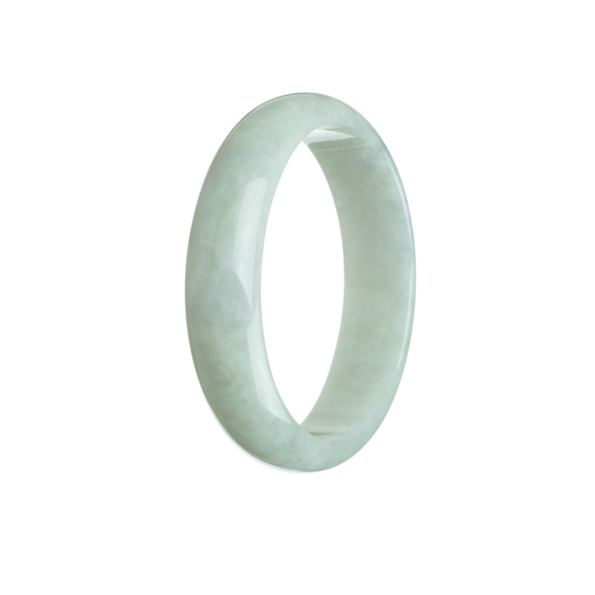A close-up image of a very pale green jadeite bangle with an oval shape, measuring 56mm in diameter. The bangle is certified as natural and is sold by MAYS.