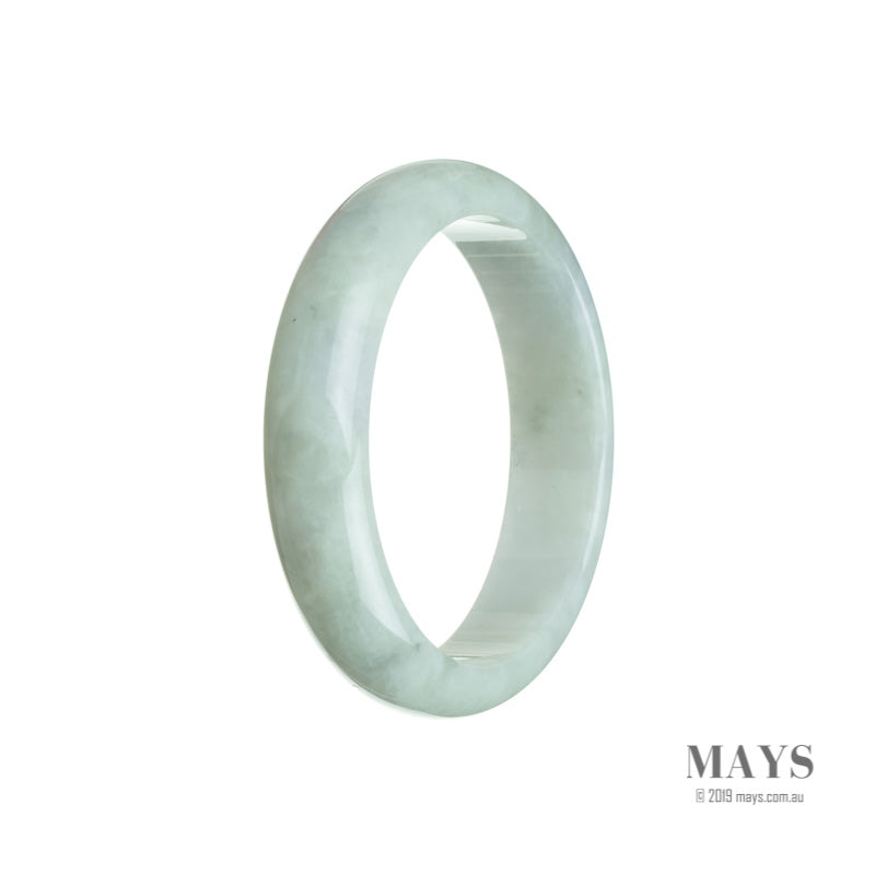A half moon-shaped pale green jade bangle, measuring 54mm in diameter, offered by MAYS GEMS.