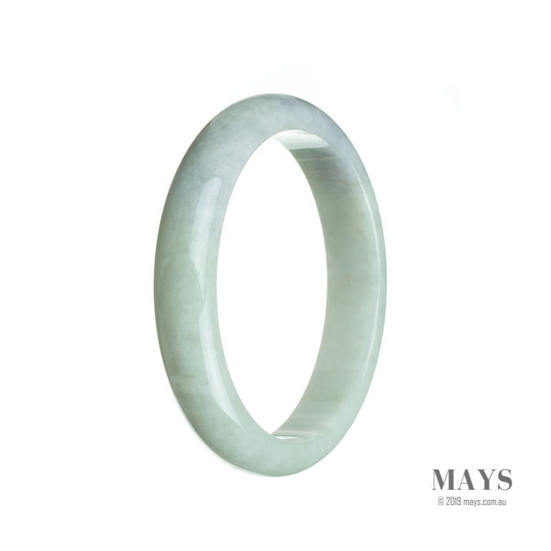 A close-up photo of a real grade A pale green Burma Jade Bracelet with a 60mm half moon shape. The bracelet is beautifully crafted and has a smooth, polished surface. The jade has a delicate, light green color that exudes elegance and sophistication. The MAYS™ brand logo is displayed on the clasp, indicating its high quality and authenticity.