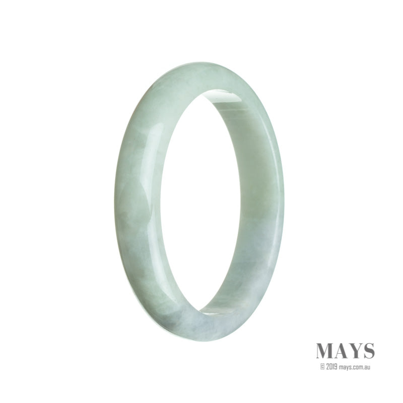 A half-moon shaped pale green Jade bracelet with a smooth texture and a 60mm diameter, crafted by MAYS.