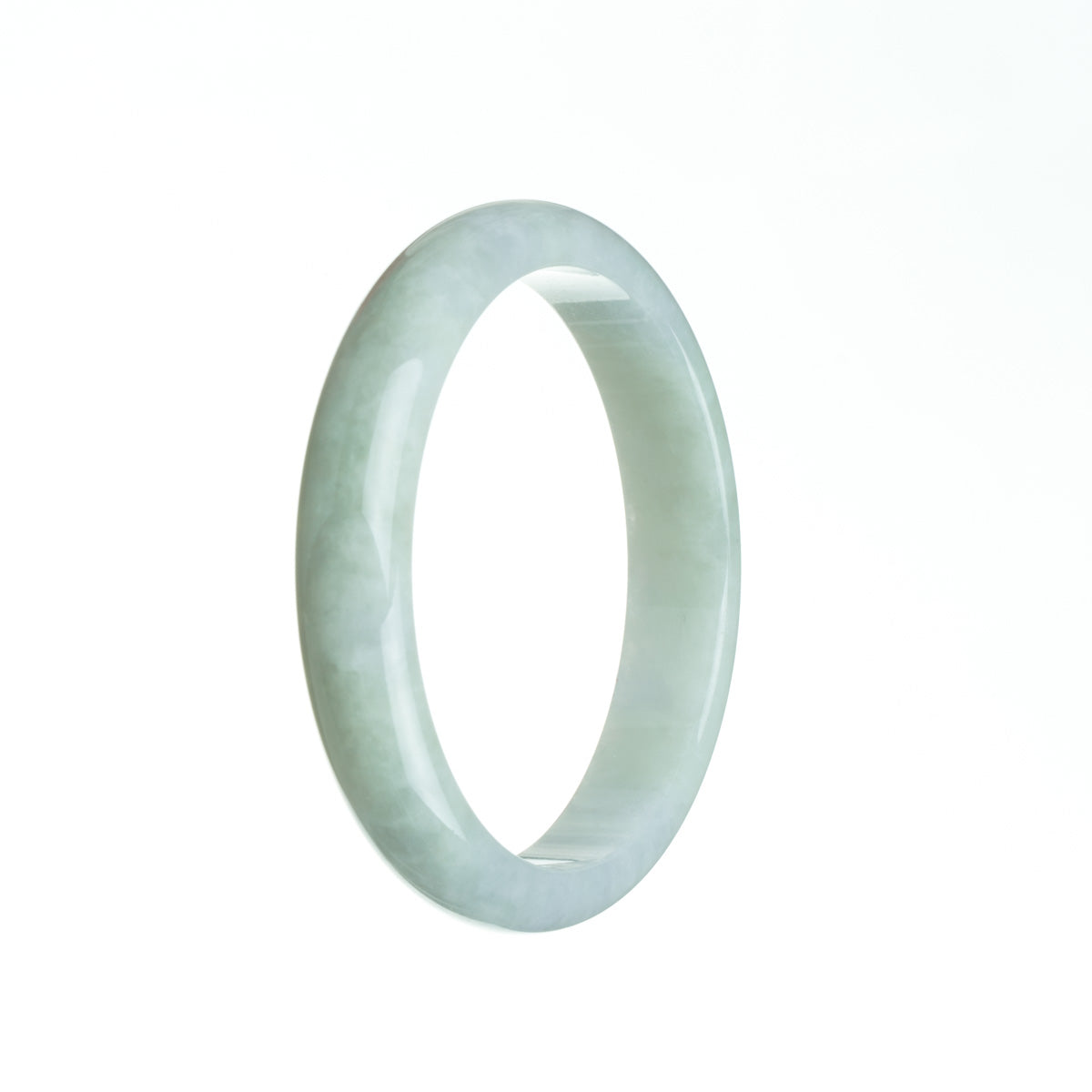 A half moon-shaped traditional jade bangle in a real pale green color with subtle hints of lavender.