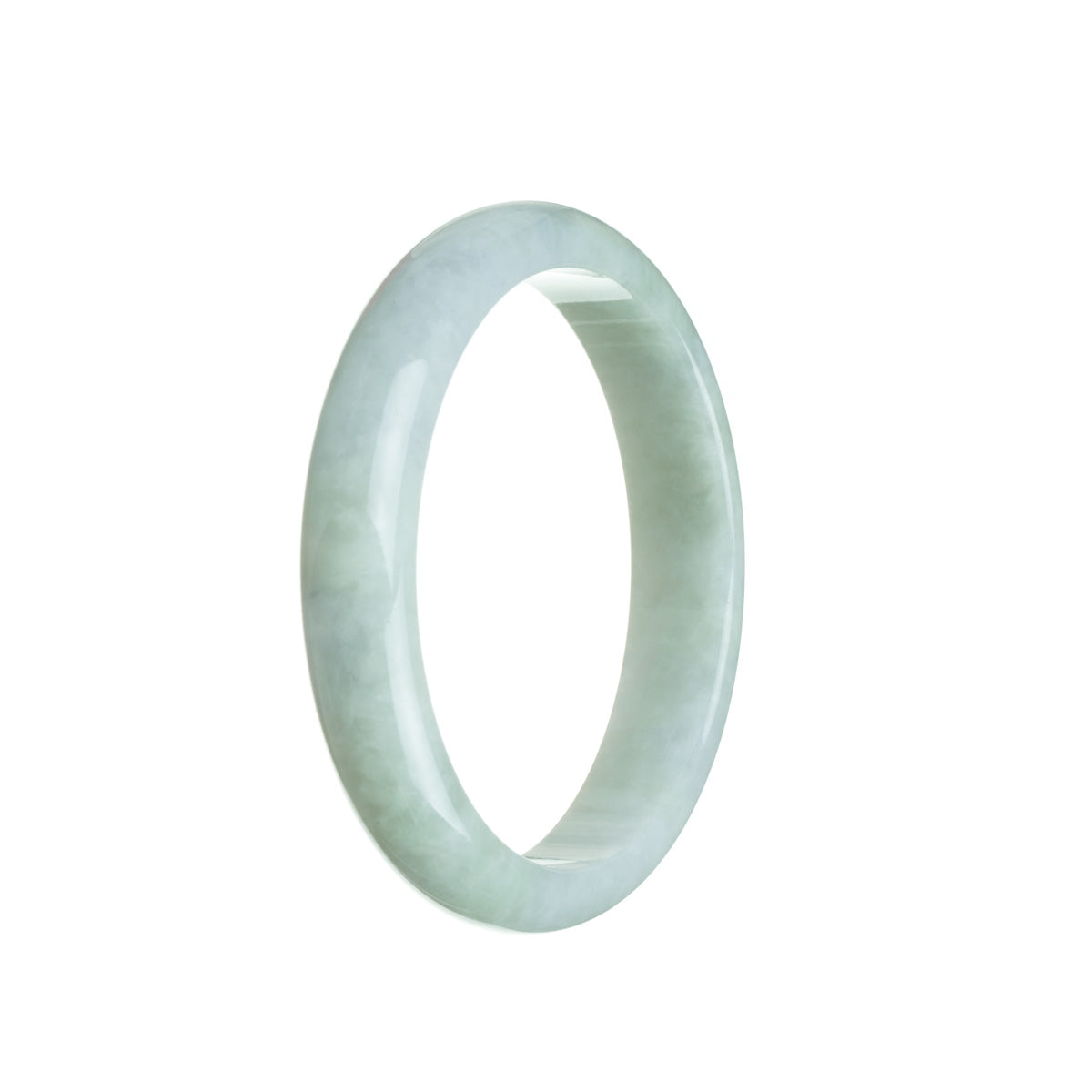 A beautifully crafted traditional jade bangle bracelet in pale green with subtle lavender undertones, featuring a 58mm half moon design.