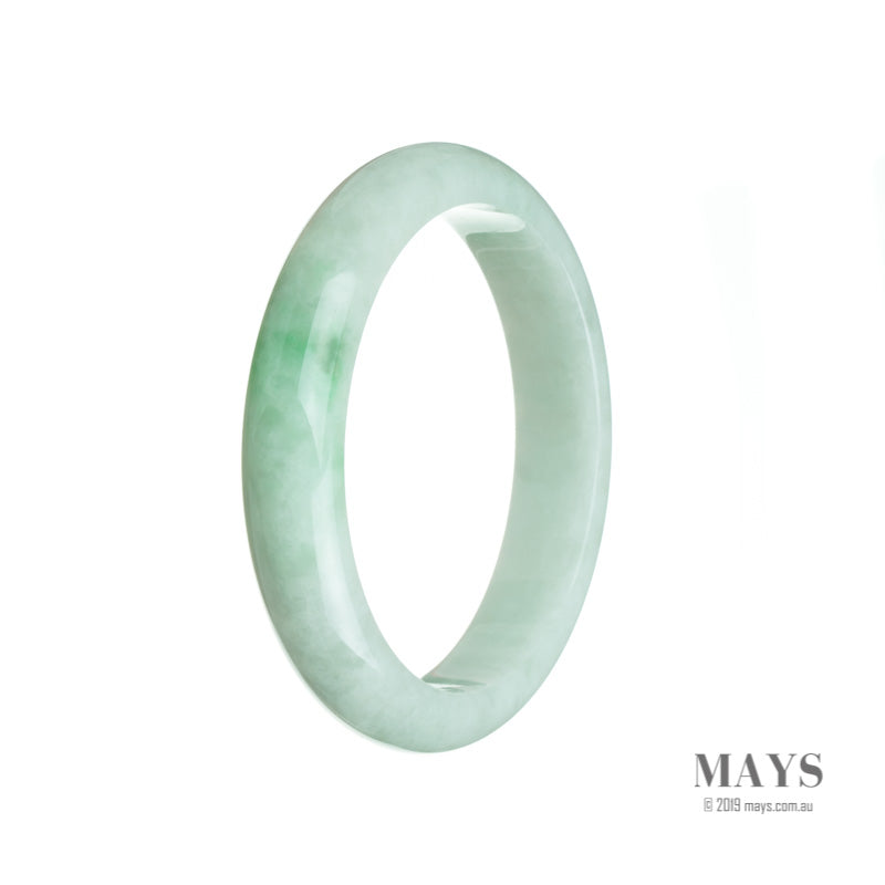 A close-up photo of a stunning jade bangle bracelet with a half-moon shape. The bracelet is made of certified Grade A white jade with beautiful green hues from Burma. This elegant piece of jewelry measures 58mm in diameter and is designed by MAYS.