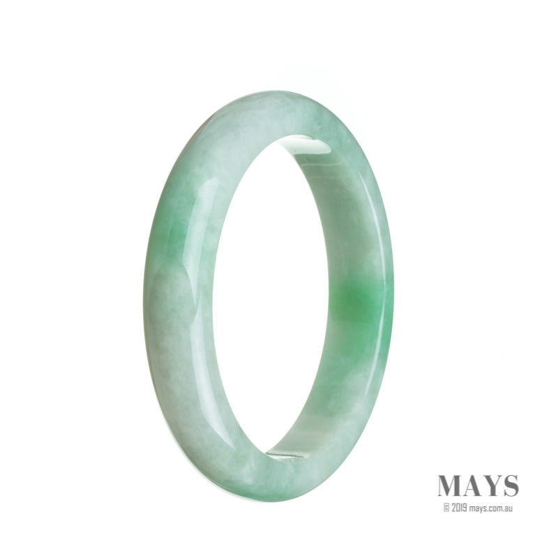 A close-up image of a semi-round, 61mm Burmese Jade bangle with a certified natural white and green color. The bangle is made by MAYS GEMS.