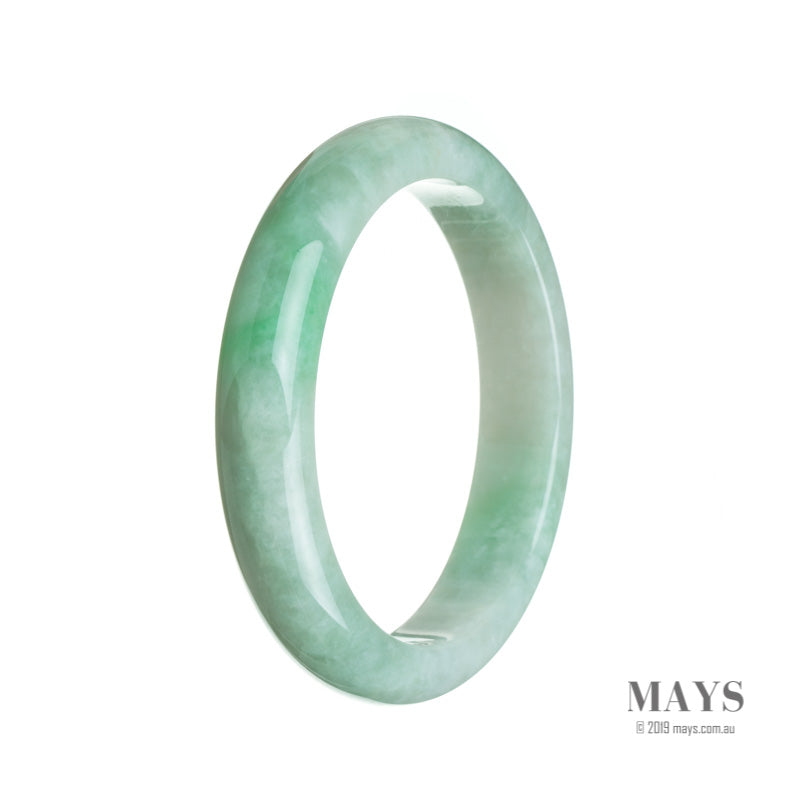 A high-quality white and green Burma Jade bangle with a semi-round shape, measuring 61mm in size. Offered by MAYS GEMS.