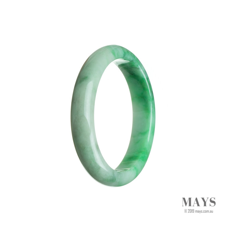 Image of a beautiful green jade bracelet with an oval shape measuring 54mm. The bracelet is made of genuine Grade A green jade and is by the brand MAYS.