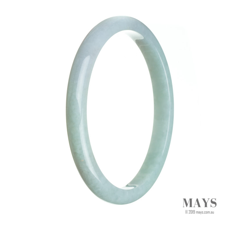A high-quality genuine jade bangle with a pale green color and hints of lavender. The bangle is a semi-round shape and has a diameter of 72mm. Sold by MAYS GEMS.