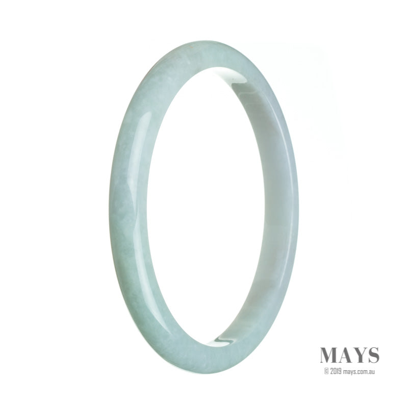 A close-up image of a pale green and lavender Burmese jade bangle. The bangle is semi-round in shape and measures 72mm. The jade appears to be of high quality, with a smooth and polished surface.