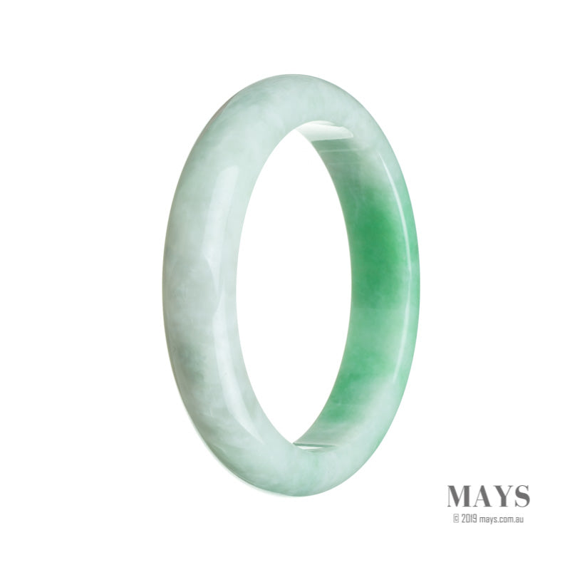 A close-up of an untreated white and green traditional jade bracelet with a semi-round shape. The bracelet has a diameter of 61mm and is from MAYS GEMS.