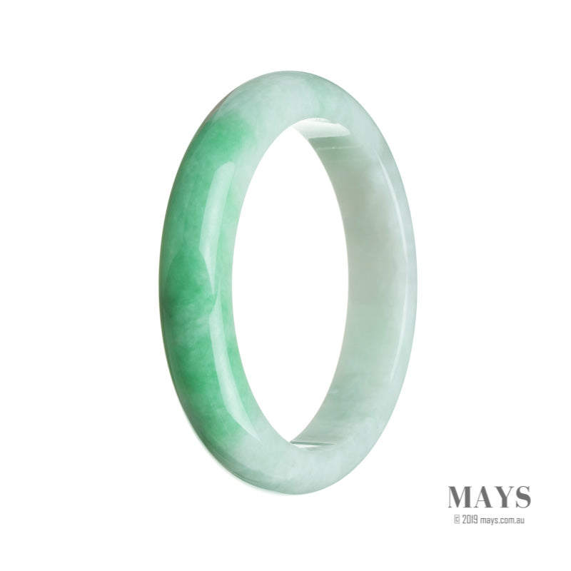 A close-up image of a real grade A white and green jadeite bracelet. The bracelet is 61mm in diameter and has a semi-round shape. The jadeite stones are beautifully polished and showcase a mix of white and green hues. The bracelet is crafted with care and attention to detail by MAYS GEMS.