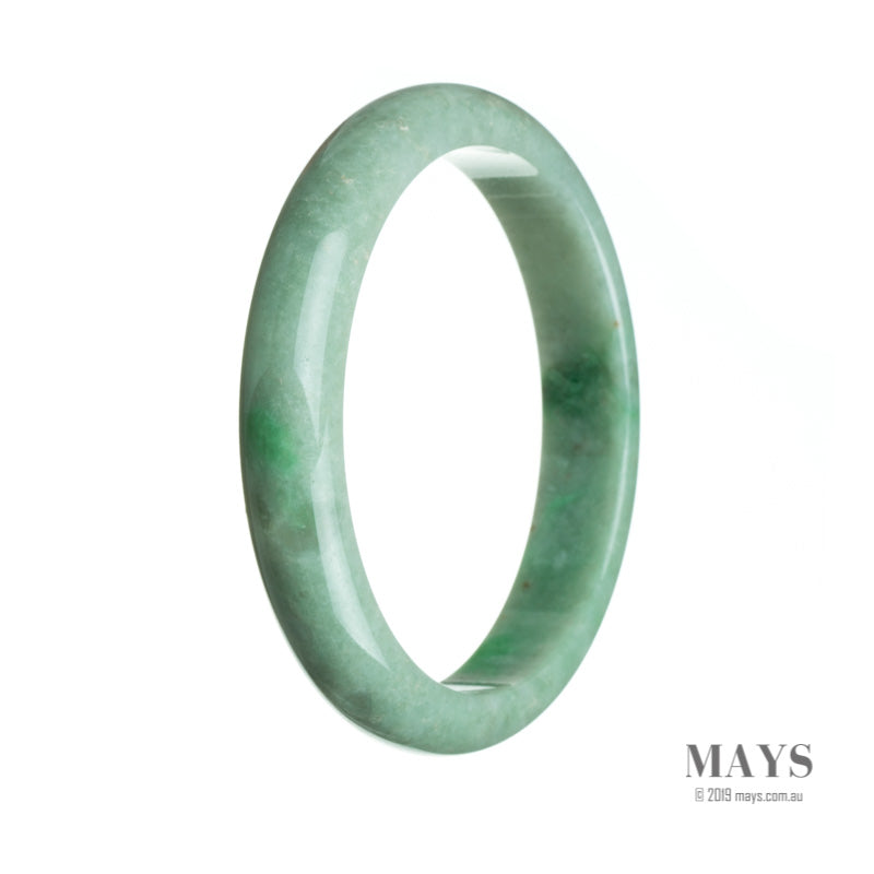 A close-up photo of a beautiful green jade bracelet with a semi-round shape, measuring 66mm in diameter. The bracelet is made of certified natural green jadeite jade, known for its stunning color and high quality. It is a piece of jewelry from the MAYS collection.