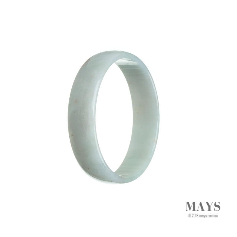A close-up photo of a white jade bangle bracelet, crafted from Grade A White Jadeite Jade. The bracelet has a flat shape and measures 52mm in diameter. It is labeled as an authentic MAYS™ product.