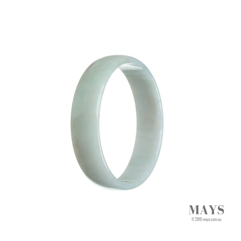 A close-up image of an authentic Grade A White Jade Bangle Bracelet with a flat surface and a diameter of 52mm. The bracelet is crafted from high-quality white jade and is sold by MAYS GEMS.