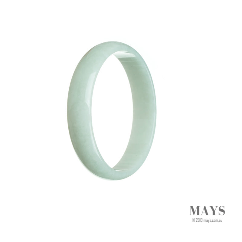A close-up image of a flat, pale green jadeite bangle bracelet measuring 52mm in diameter. The jadeite has a smooth, polished surface and a Type A classification. It is a high-quality piece from MAYS GEMS.