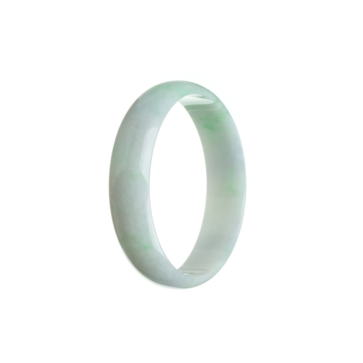 A close-up image of a beautiful green lavender and white Burmese jade bracelet. The bracelet has a flat shape and measures 52mm in width. It is certified as Grade A, indicating its high-quality and authenticity. The bracelet is sold by MAYS.