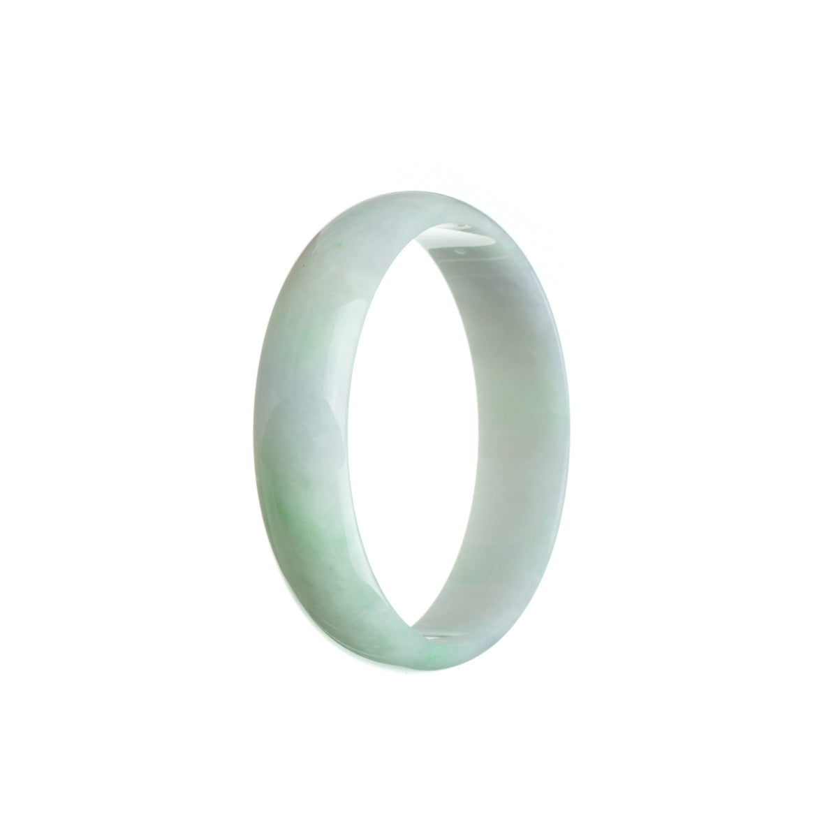 A close-up image of a stunning jade bangle bracelet in a vibrant shade of green with hints of lavender and white. The bracelet has a flat shape and a diameter of 52mm, exuding an authentic and high-quality appearance. Designed by MAYS.