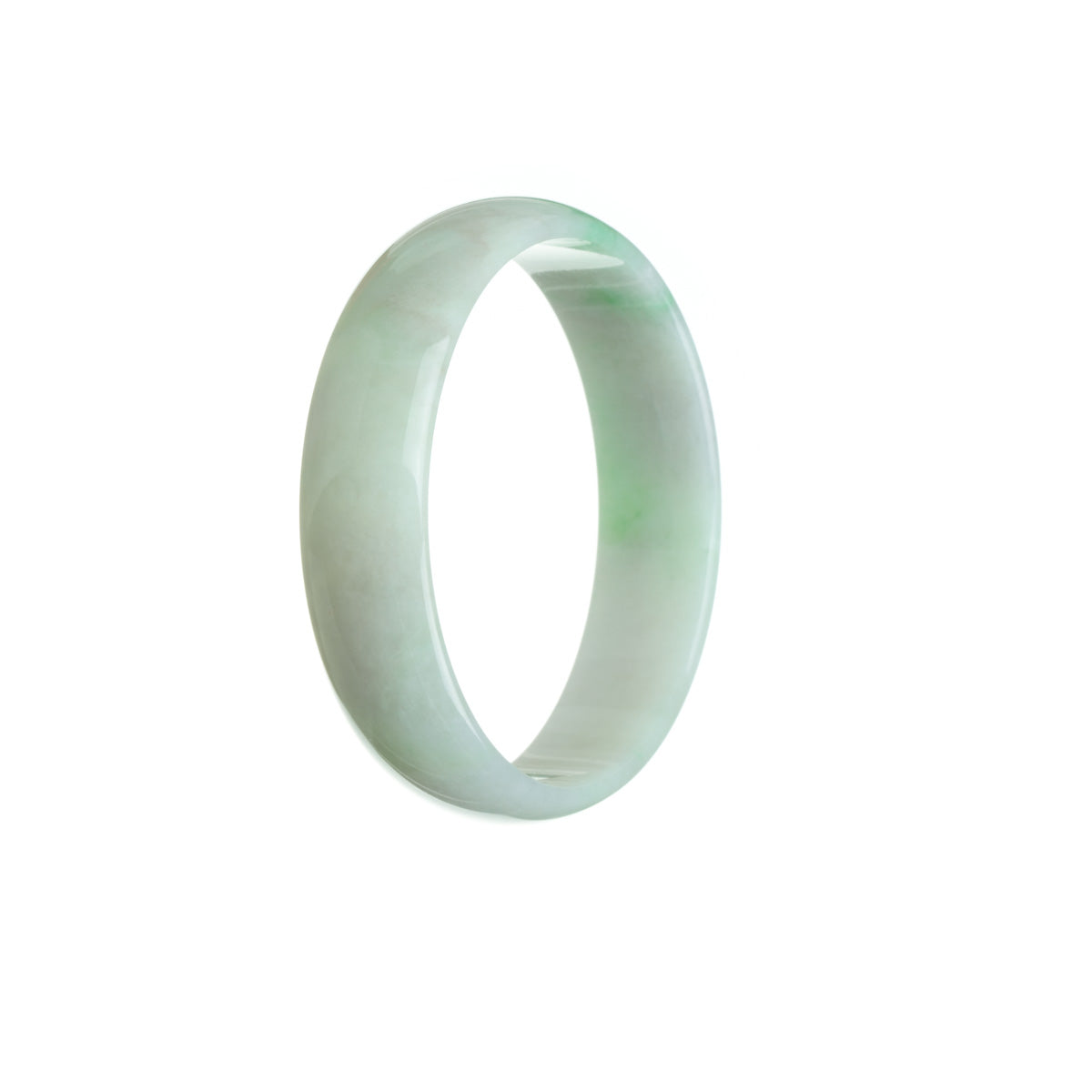 Close-up image of a flat, 52mm white with green jade bracelet. The jade appears smooth and polished, showcasing its natural beauty. The bracelet is crafted with genuine Grade A jade, making it a high-quality piece. It exudes elegance and sophistication, perfect for adding a touch of luxury to any outfit.