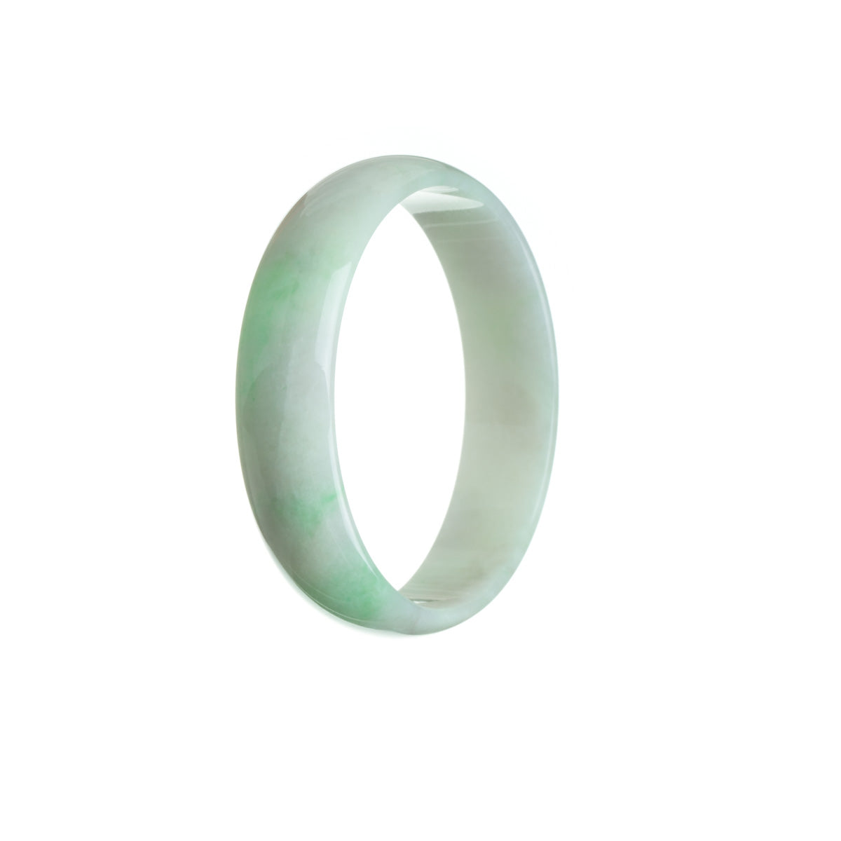 A close-up photo of a beautiful white and green Jadeite jade bangle bracelet. The bracelet has a flat shape and a diameter of 52mm. It is made from genuine, untreated jade and is designed by MAYS™.
