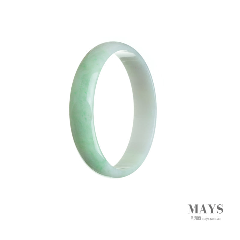 A close-up image of a white jade bangle bracelet with green undertones, specifically made from Grade A Jadeite Jade. The bracelet has a flat surface and a diameter of 53mm. This piece is from the MAYS™ collection.