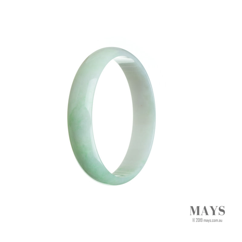 A close-up image of a white and green jade bangle bracelet with a flat surface. The bracelet is certified as Type A jade and measures 53mm in diameter. It is sold by MAYS GEMS.
