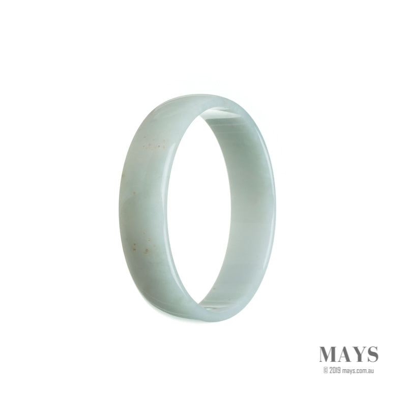 A close-up image of a white jade bangle bracelet, showcasing its smooth and polished surface. The bracelet is made of genuine, untreated white jadeite jade, and has a flat shape with a diameter of 52mm. The brand name "MAYS" is also mentioned.