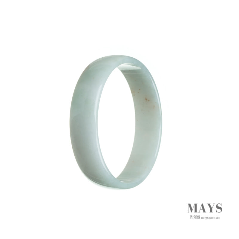 A close-up view of a flat white jadeite bangle, measuring 52mm in diameter. The jadeite is of high quality and has a smooth, polished surface. The bangle is certified as Grade A, ensuring its authenticity and value. The brand "MAYS" is engraved on the inside of the bangle.