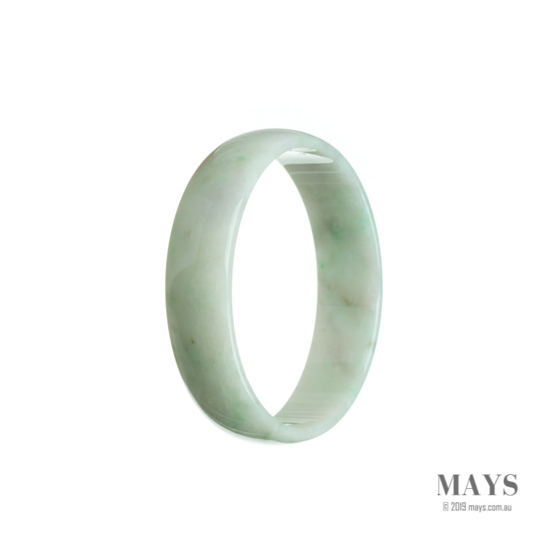 A close-up photo of a white and green Jade bracelet with a flat design, measuring 53mm in diameter. The bracelet is made of genuine Grade A Jade and features a sleek and elegant style.