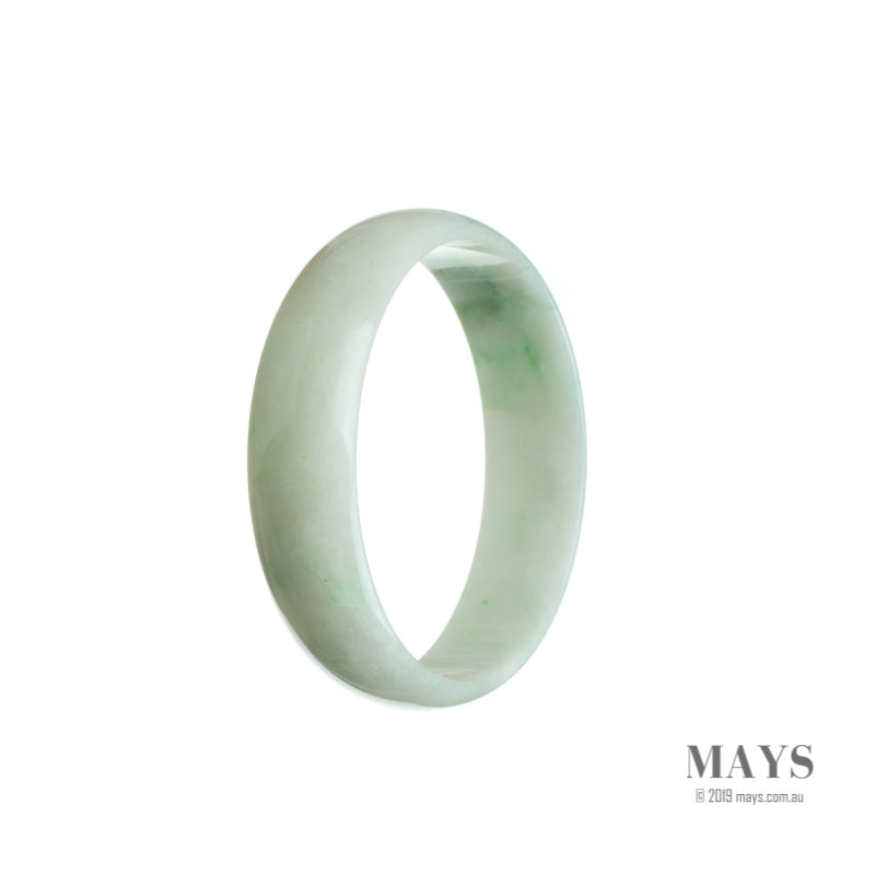 A close-up photo of a genuine Grade A white jade bangle with a green hue. The bangle is flat and measures 52mm in size. It features intricate patterns and is from the brand MAYS™.