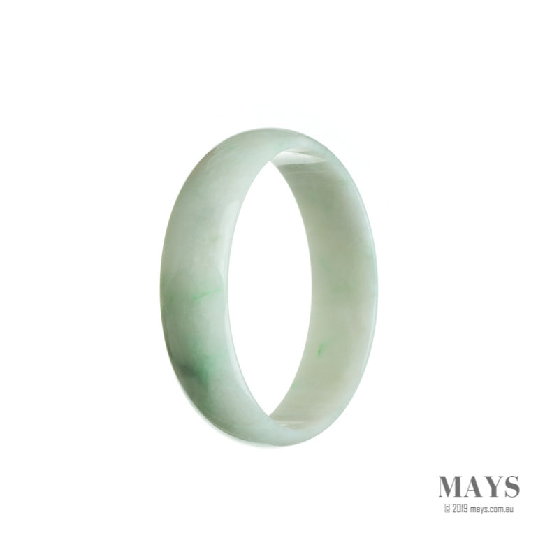A close-up photo of a white and green jade bangle bracelet with a flat shape, measuring 52mm in diameter. This bracelet is made of genuine grade A traditional jade and is branded as MAYS™.