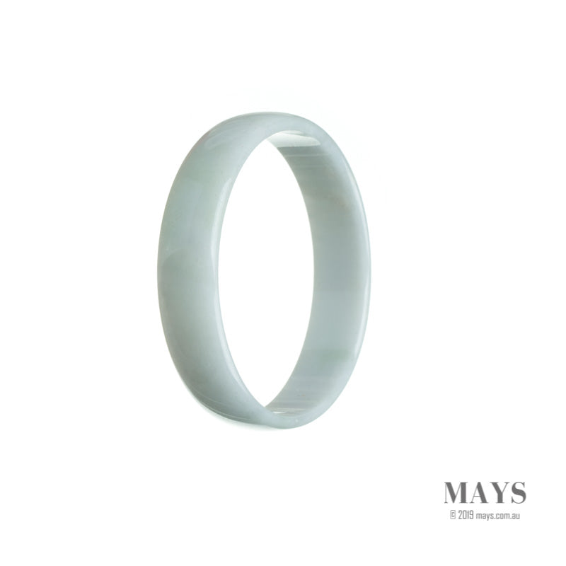 Close-up photo of a white Burmese jade bangle bracelet, displaying its smooth and polished surface. The bracelet is 53mm in size and has a flat design.