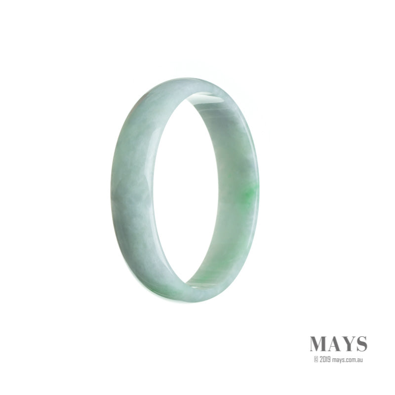 A close-up image of a beautiful white and green jadeite jade bracelet with a flat, 52mm width. The bracelet is certified as Type A jade, ensuring its quality and authenticity. It is a stunning piece of jewelry crafted by MAYS GEMS.