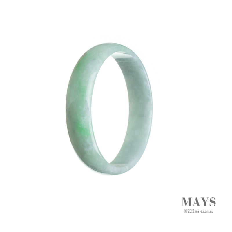 A close-up of a traditional jade bracelet, showcasing its genuine natural white color with hints of green. The bracelet is 52mm wide and has a flat shape.