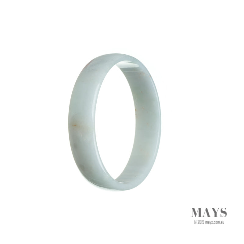 A high-quality white jadeite bangle with a flat surface, measuring 53mm in size. This bangle is certified as Grade A and is offered by MAYS.