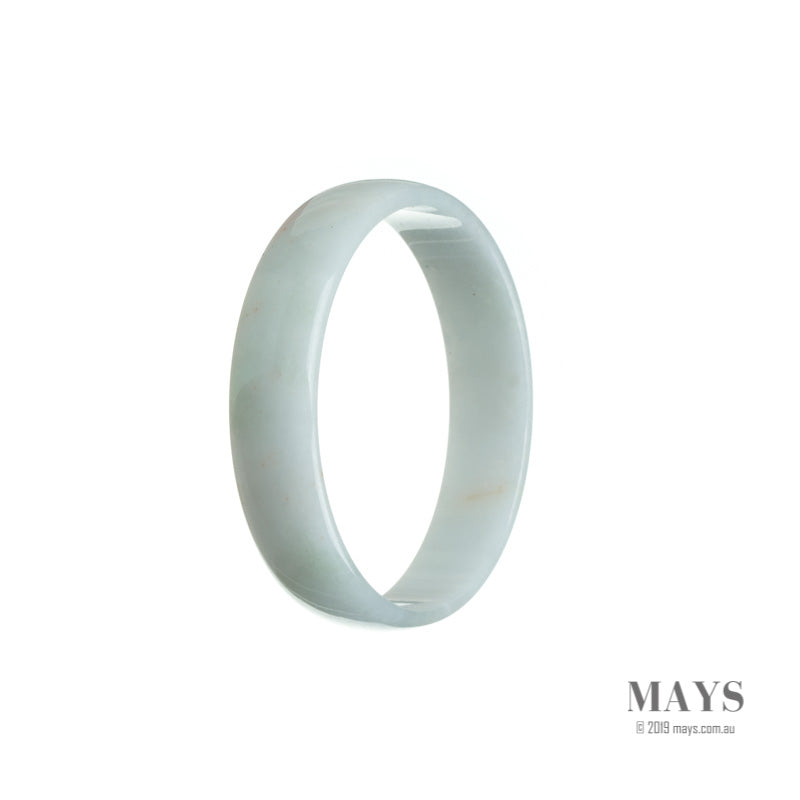 A close-up photo of an elegant white jade bracelet, with smooth flat beads measuring 53mm in diameter. The bracelet showcases the beauty of authentic Grade A White Jadeite Jade, a precious gemstone known for its stunning translucency and luxurious appeal. The bracelet is handcrafted and sourced by MAYS GEMS, ensuring its authenticity and high quality.