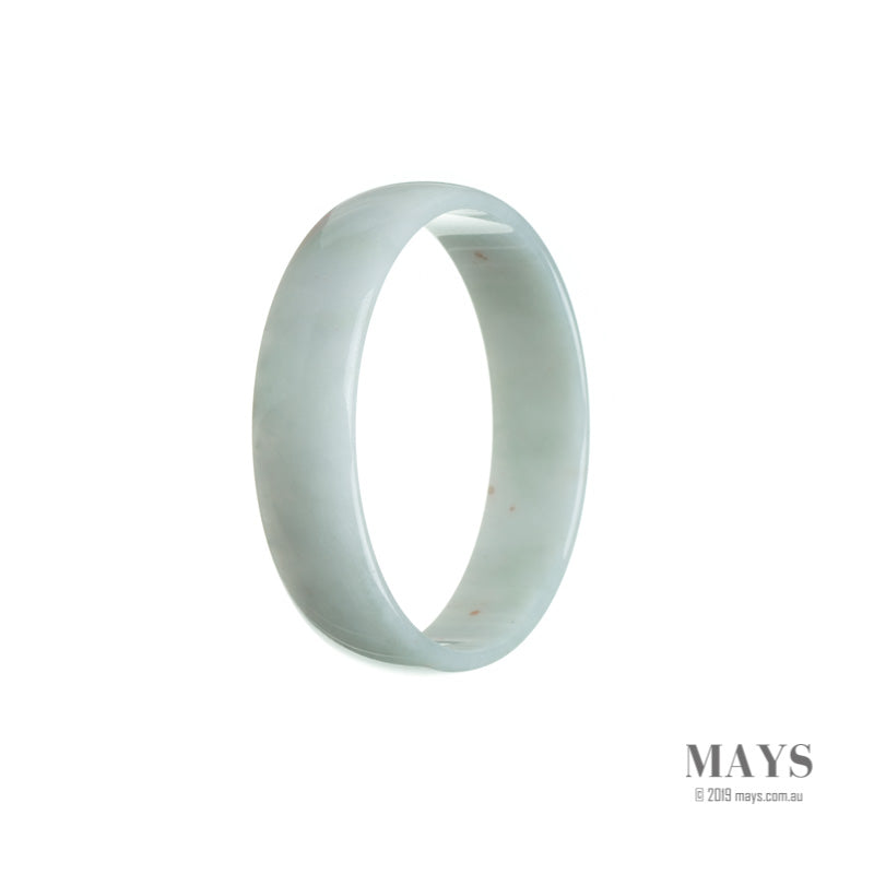 A close-up image of a white Burmese jade bracelet, featuring a flat and smooth surface, measuring 53mm in width. The bracelet is made of genuine grade A jade and is sold by MAYS.