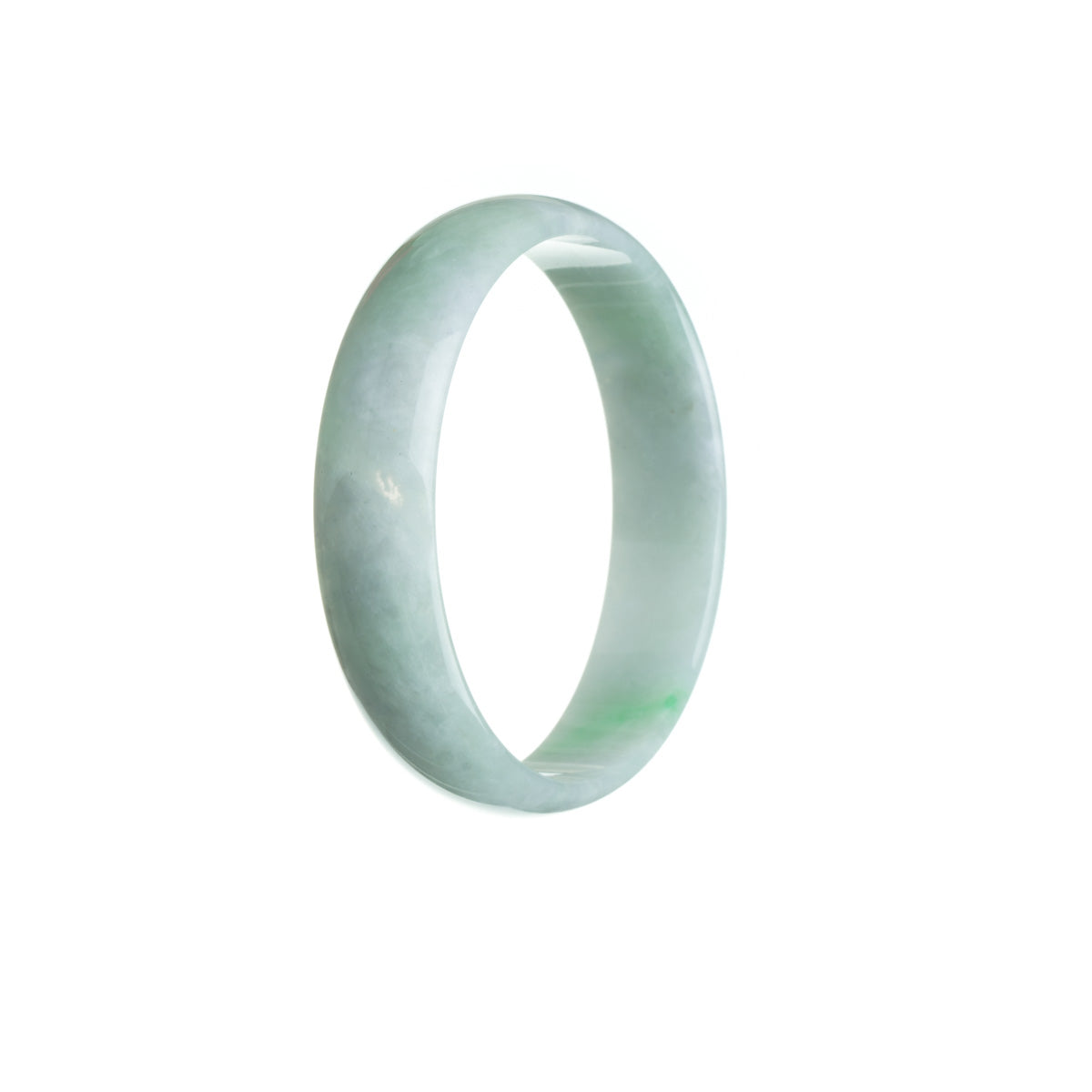 A close-up of a white and green traditional jade bangle with a flat design, measuring 52mm.
