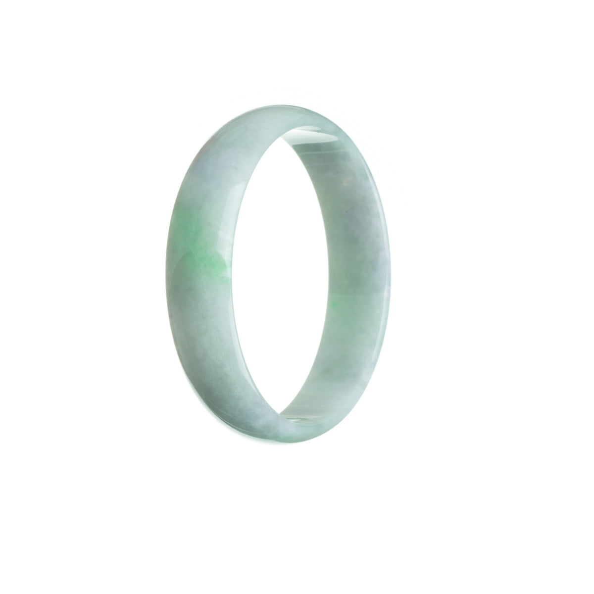 An elegant white and green jade bangle with a traditional design, made from high-quality Grade A jade. The bangle is 52mm in size and has a flat shape. Perfect for adding a touch of sophistication to any outfit.
