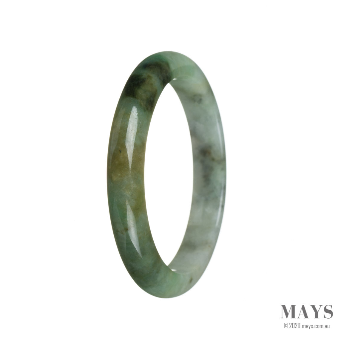 Close-up image of a vibrant green Burma Jade bracelet with a unique pattern, in a semi-round shape. The bracelet is made of real Type A Jade and measures 58mm in size. A stunning piece of jewelry from MAYS GEMS.