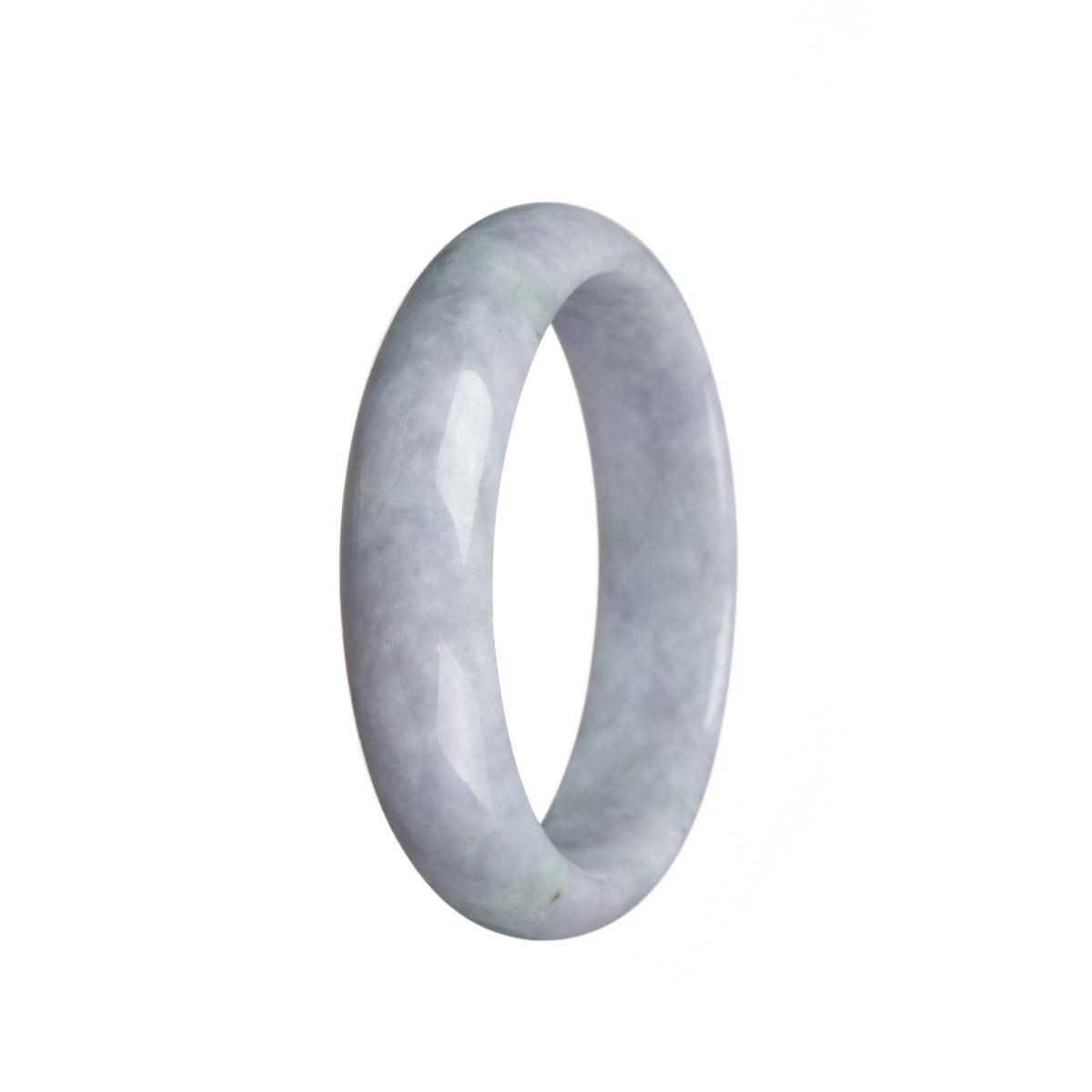 A lavender jadeite jade bangle with a half moon shape, measuring 62mm in diameter.