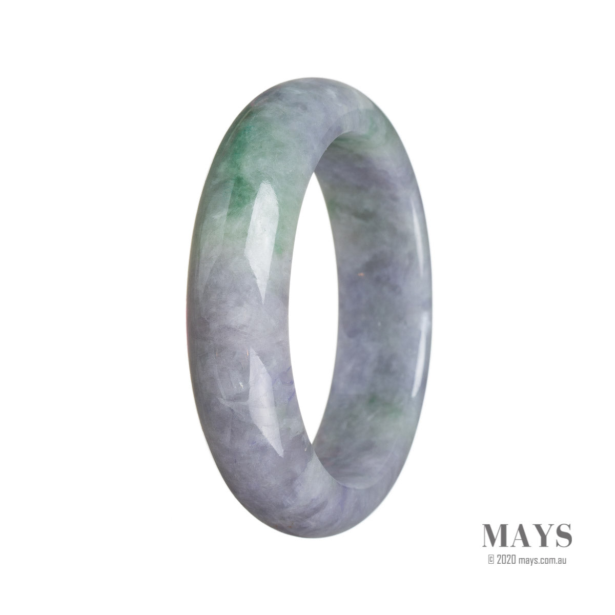 A lavender and green jadeite bracelet with a half moon design, made from high-quality Grade A materials. Perfect for adding a touch of elegance to any outfit.