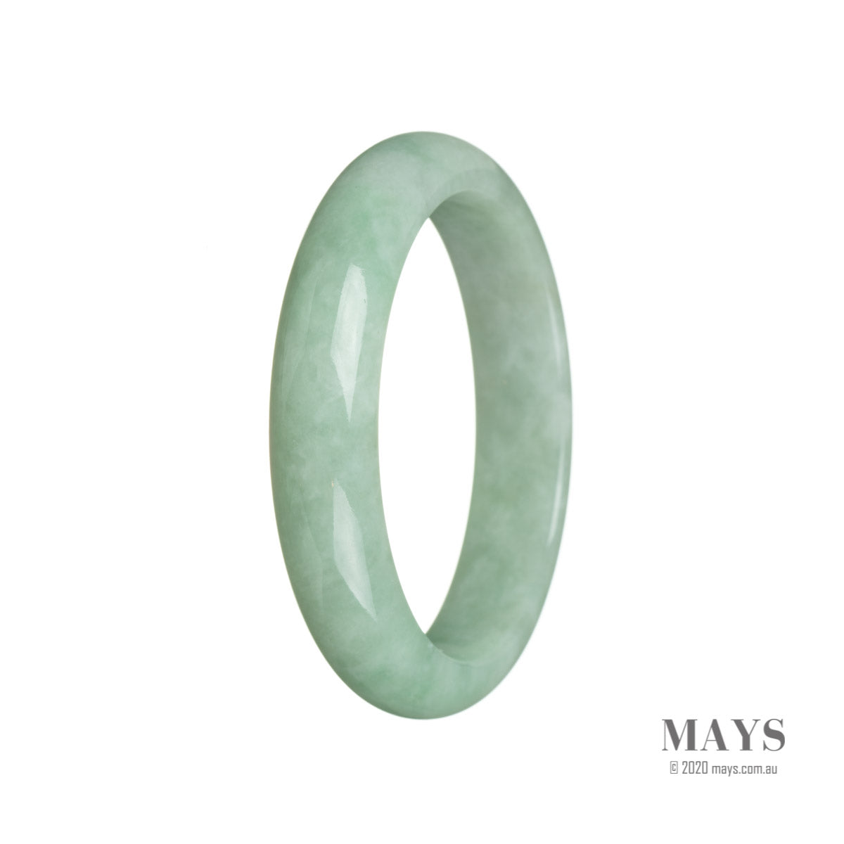 A light green jade bangle bracelet with a half-moon shape, made from genuine Grade A jadeite jade.