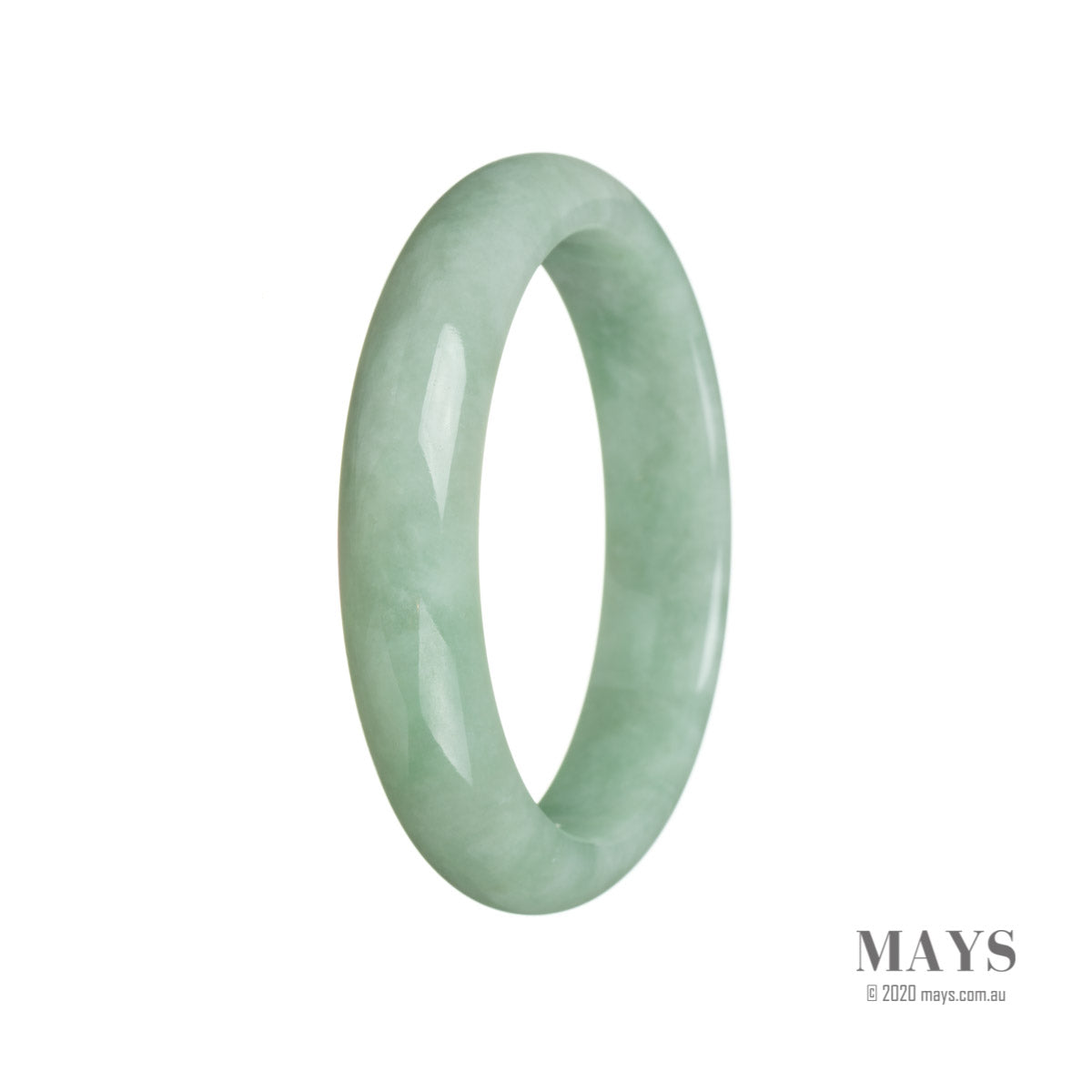 A light green traditional jade bangle with a half moon design, measuring 59mm. This genuine Type A jade piece is offered by MAYS GEMS.