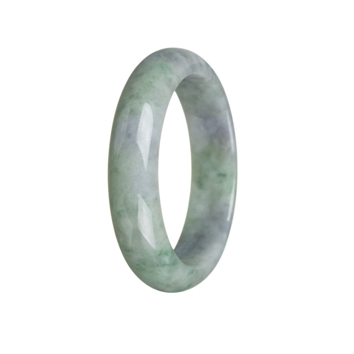 A close-up image of a green and lavender jadeite bangle bracelet, with a half-moon shape and a diameter of 57mm. The bracelet is certified Grade A and is sold by MAYS GEMS.