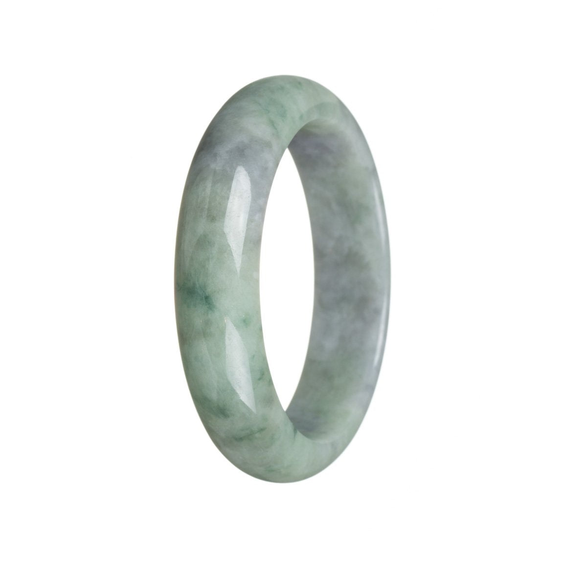 A beautiful half moon-shaped bangle bracelet made of genuine Type A green and lavender jadeite, measuring 57mm in diameter. Designed by MAYS.