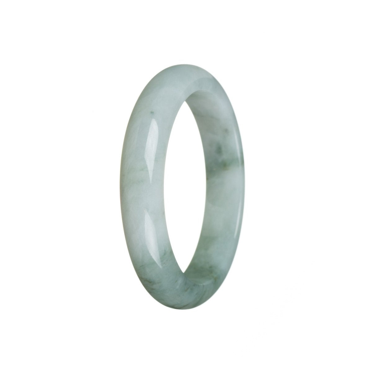 A close-up image of a certified Grade A greish green jadeite bangle, 55mm in size, with a semi-round shape. The bangle is made of high-quality jadeite and has a smooth, polished surface. It features a beautiful, natural green color with hints of grey, creating a unique and elegant appearance. The bangle is expertly crafted and certified by MAYS, ensuring its authenticity and value.