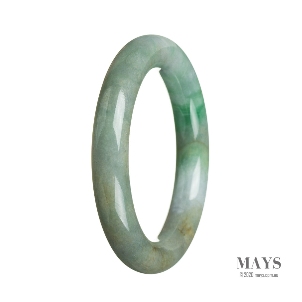 A close-up image of a round jade bangle with grey and green tones. The bangle is made of genuine Grade A Burma jade and has a diameter of 56mm. It features a smooth and polished surface.