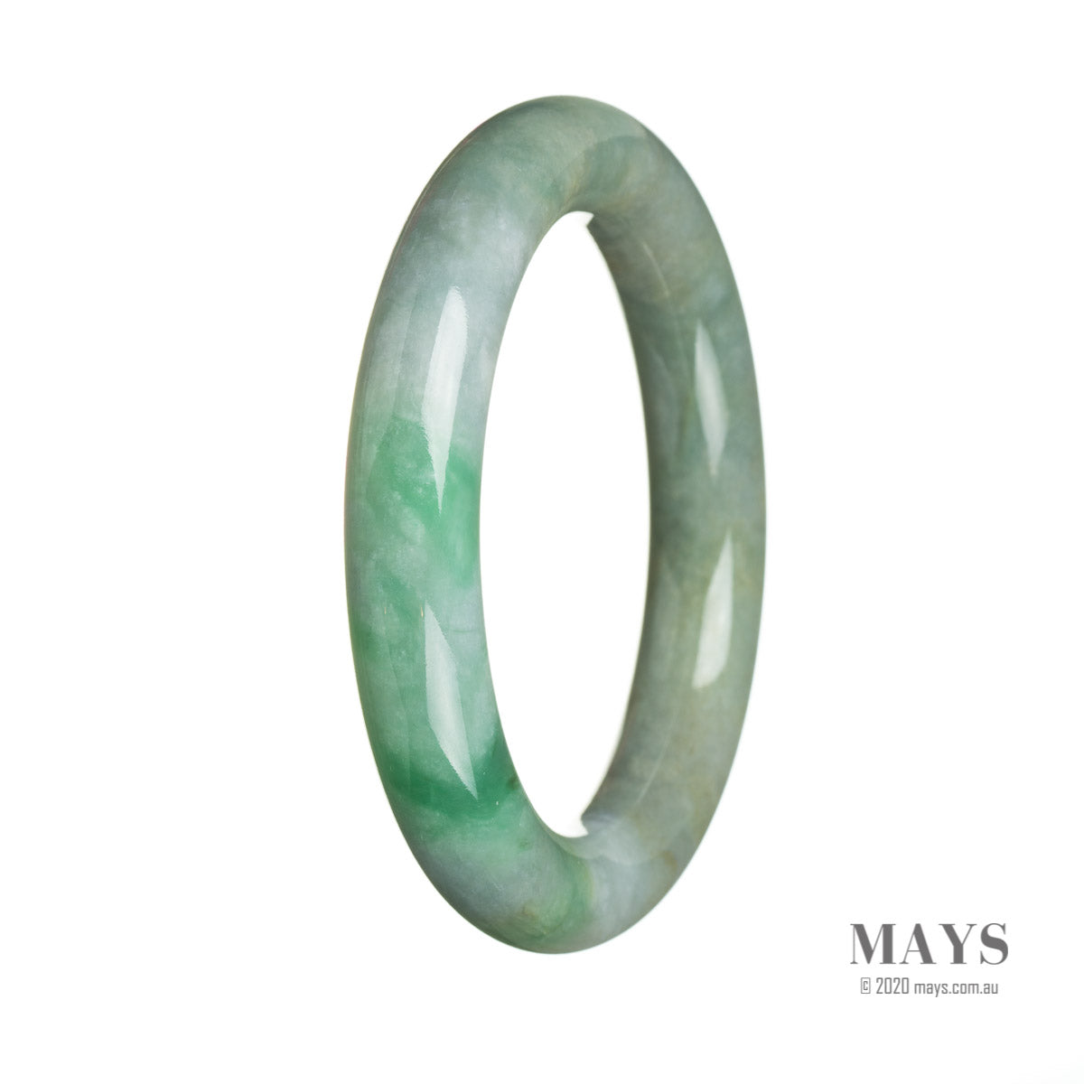 An elegant grey with green jadeite bangle, untreated and genuine, with a round shape measuring 56mm. From MAYS™.