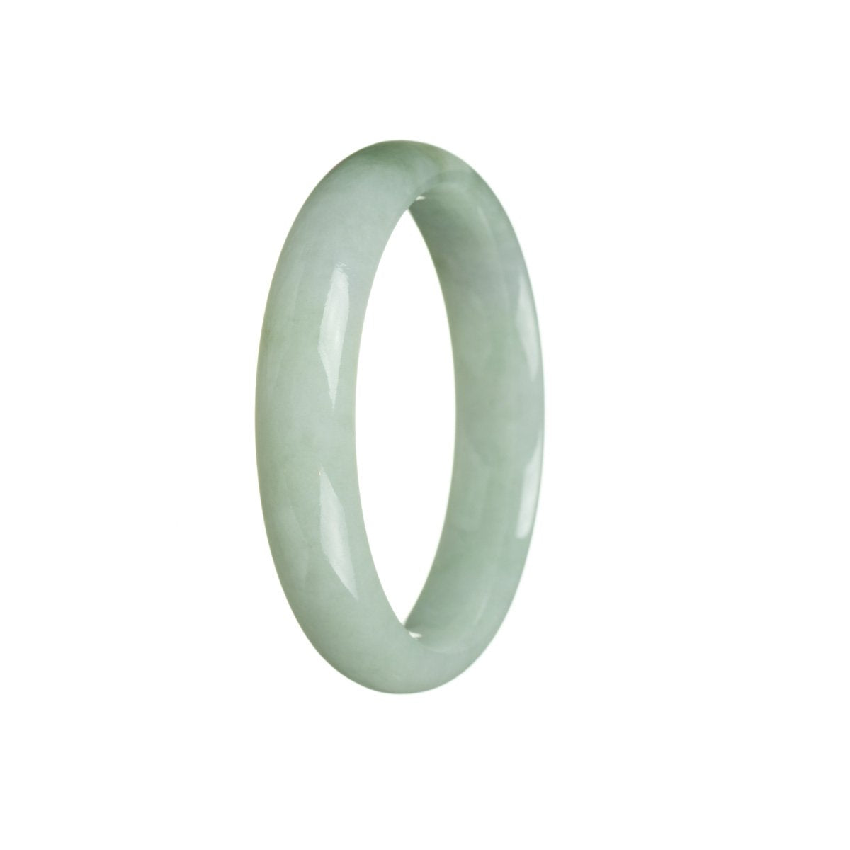 A pale green jade bangle bracelet with a certified Grade A rating. It features a unique pattern and is shaped like a half moon, measuring 56mm in diameter. Sold by MAYS.