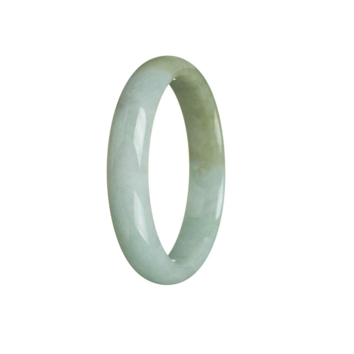 A half moon-shaped bangle bracelet made of certified untreated light green with olive green Burma Jade. The bracelet measures 56mm in size. Created by MAYS GEMS.
