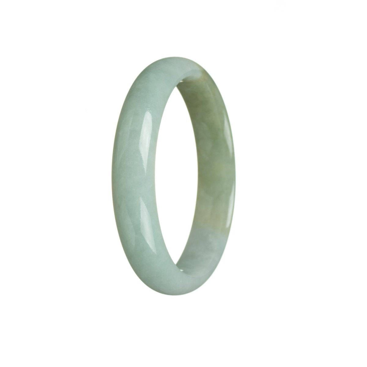 A beautiful, high-quality light green and olive green jade bangle bracelet with a unique half moon design, measuring 56mm. Perfect for adding a touch of elegance to any outfit.